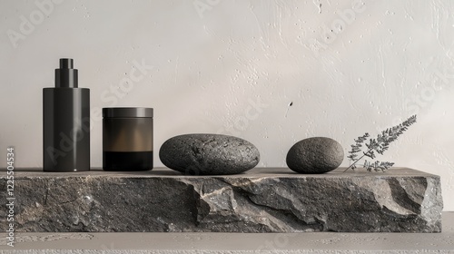 Black textured natural stones for a sleek podium for showcasing cosmetics, medicine, perfume, body care, and jewelry.