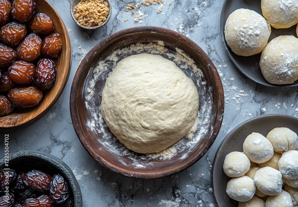 Fototapeta premium Fresh Dough Preparation Surrounded by Dates and Ingredients