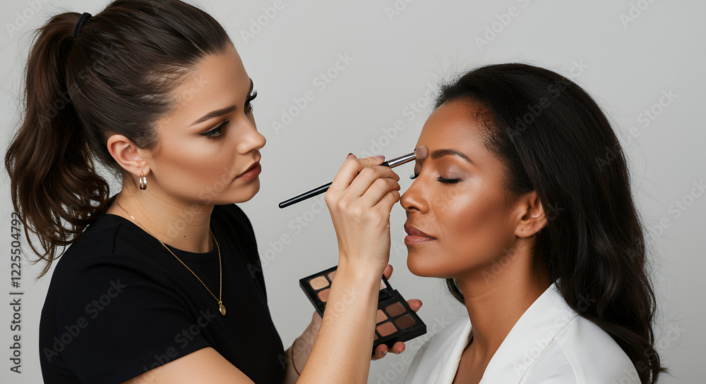 Makeup Artist Applying Eyeshadow to Woman with Dark Skin Makeup Artist Applying Eyeshadow to Woman with Dark Skin