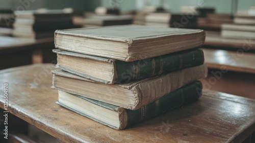 Stack of old books on a wooden desk in a classroom.