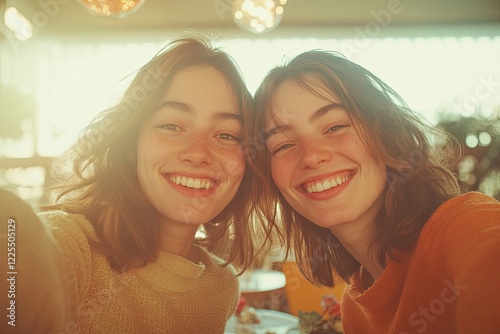 two women taking selfie at trendy brunch table their wide smiles framed by bright light and vibrant décor