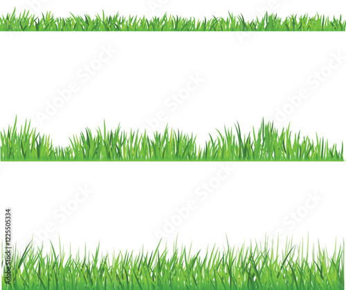 three horizontal strips of green grass with varying heights and densities, set against a white background.