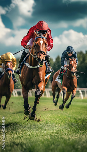 Image of jockey during a race on his horse goes to the finish line in first place with other competitors on a racetrack  -