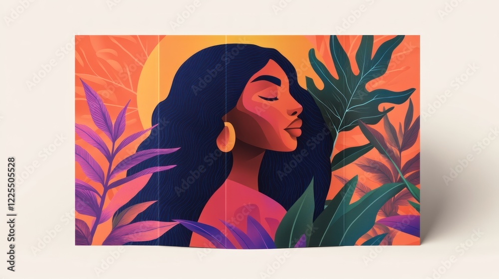 Obraz premium Serene Woman Amidst Vibrant Tropical Foliage