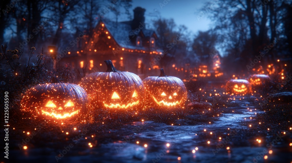 Fototapeta premium Enchanted Halloween Night: Jack-o'-lanterns Illuminate a Mystical Village