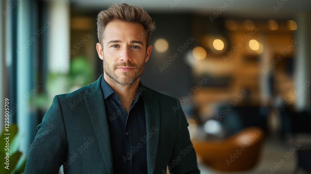 Obraz premium A tech-savvy male business professional in a fitted dark green blazer over a black shirt, standing in front of a blurred contemporary office with sleek decor,