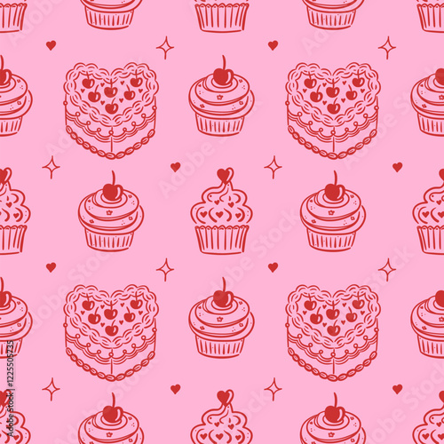Seamless pink and red pattern featuring hand drawn heart shaped cake and cupcakes with cherries and sprinkles. Perfect for romantic bakery designs. Vector background for textile, wrapping paper.