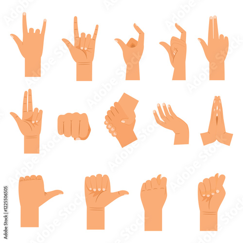 twelve different hand gestures, each with varying finger positions and orientations, on a white background.