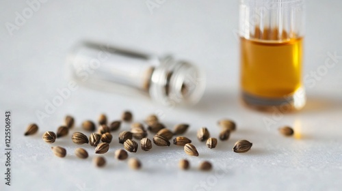 Close-Up of Brown Seeds with Essential Oil in Glass Container