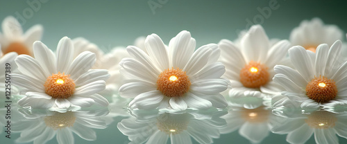 Illuminated White Daisies on Reflective Surface