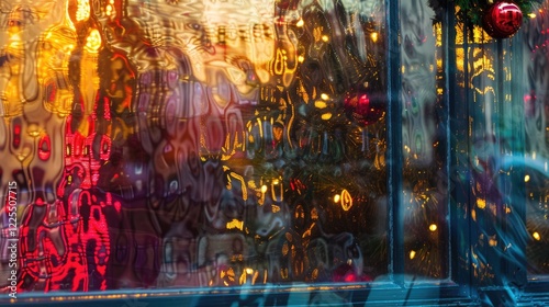 Christmas Scene Reflected in Window: Bright and Festive, Vague and Abstract photo