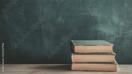 Three vintage books stacked on a wooden surface against a dark green chalkboard background.