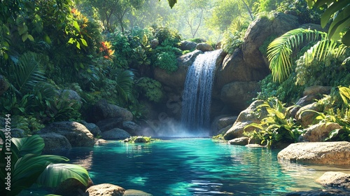 Serene Tropical Waterfall Surrounded by Lush Greenery and Flora