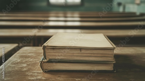Two aged books rest on a wooden desk in an empty classroom.
