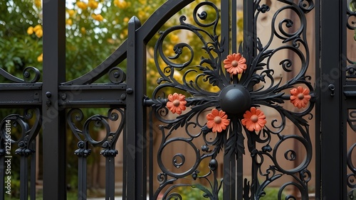 Details, structure and ornaments of forged iron gate. Decorative ornamen with flowers made from metal. Generative AI  photo