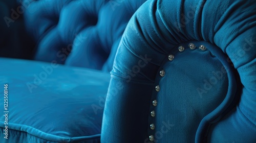 Close-up of blue velor upholstered furniture with rounded elbows and stitched sidewall in shadows for text.