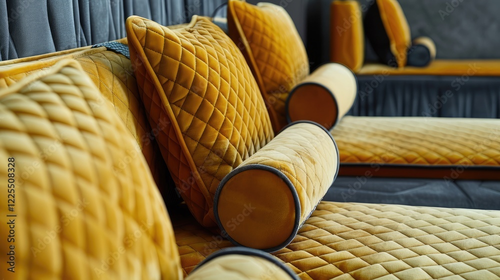 Obraz premium Close-Up of Velor Sofas and Training Equipment with Yellow Quilted Upholstery