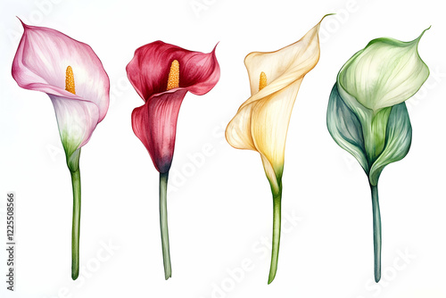 Colorful calla lilies painted in a detailed watercolor