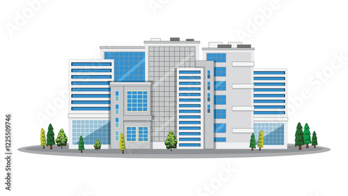 modern cityscape with multiple high-rise buildings featuring blue-tinted windows and surrounded by trees and greenery.