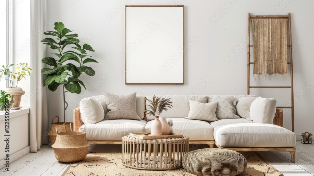 Contemporary living room decor with placeholder frame, rattan chair, sectional couch, rug, slippers, pillow, ladder, vase, and personal items. Home design template. Contemporary living room decor with placeholder frame, rattan chair, sectional couch, rug, slippers, pillow, ladder, vase, and personal items. Home design template.