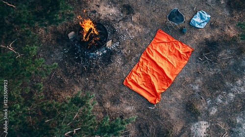 Campfire Scene with Camping Gear and Fire in Natural Surroundings