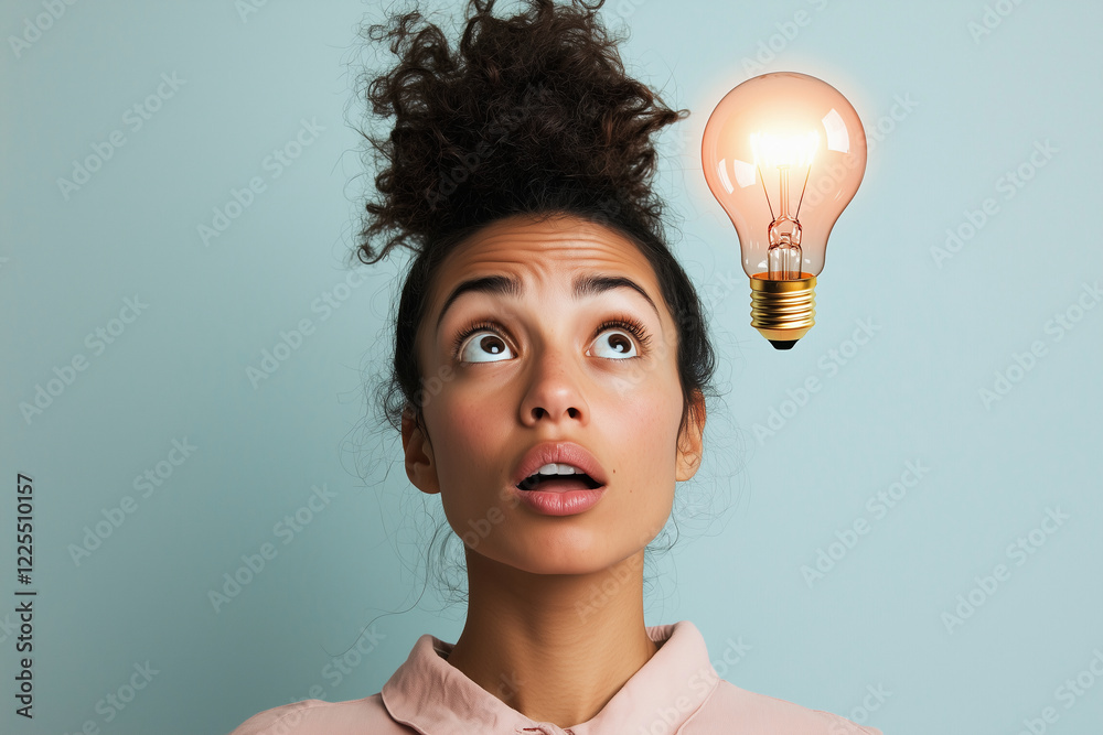 Portrait of a person with a surprised expression with a glowing lightbulb, brightly illuminated, representing a new idea. Portrait of a person with a surprised expression with a glowing lightbulb, brightly illuminated, representing a new idea.
