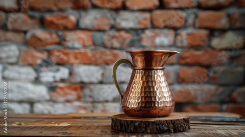 Copper cezve on wooden surface with blurred brick wall backdrop for showcasing coffee goods. photo