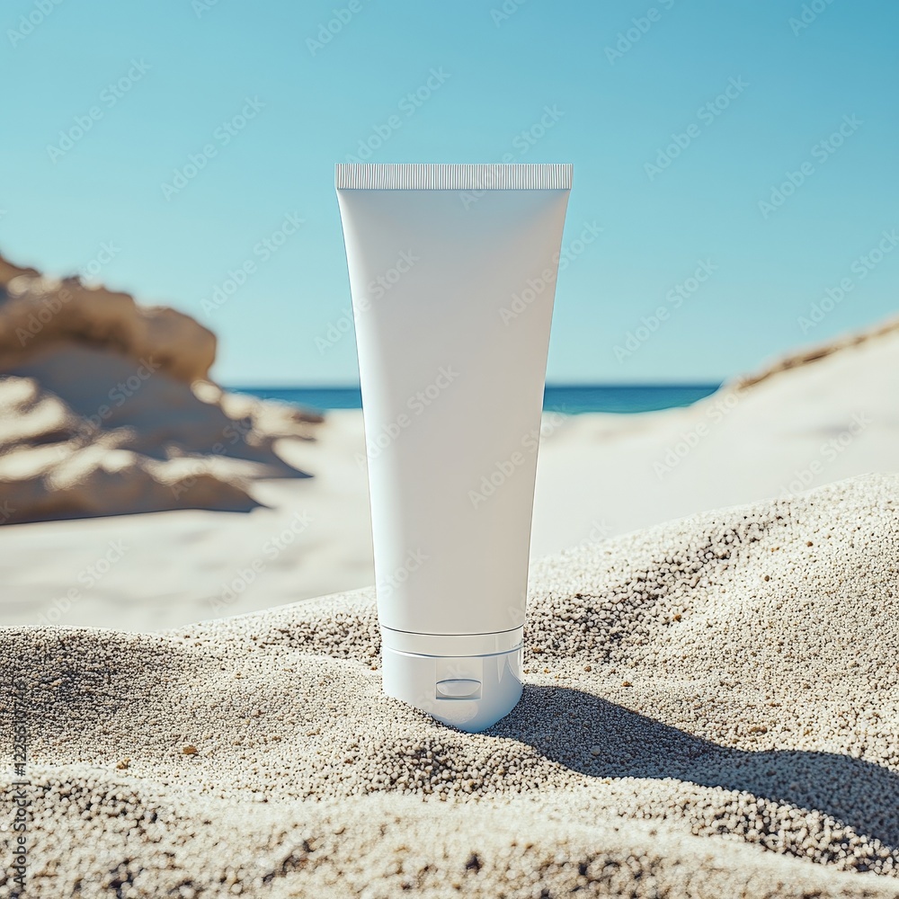 A sunscreen tube on a pristine beach, highlighting summer care and outdoor relaxation themes. A sunscreen tube on a pristine beach, highlighting summer care and outdoor relaxation themes.