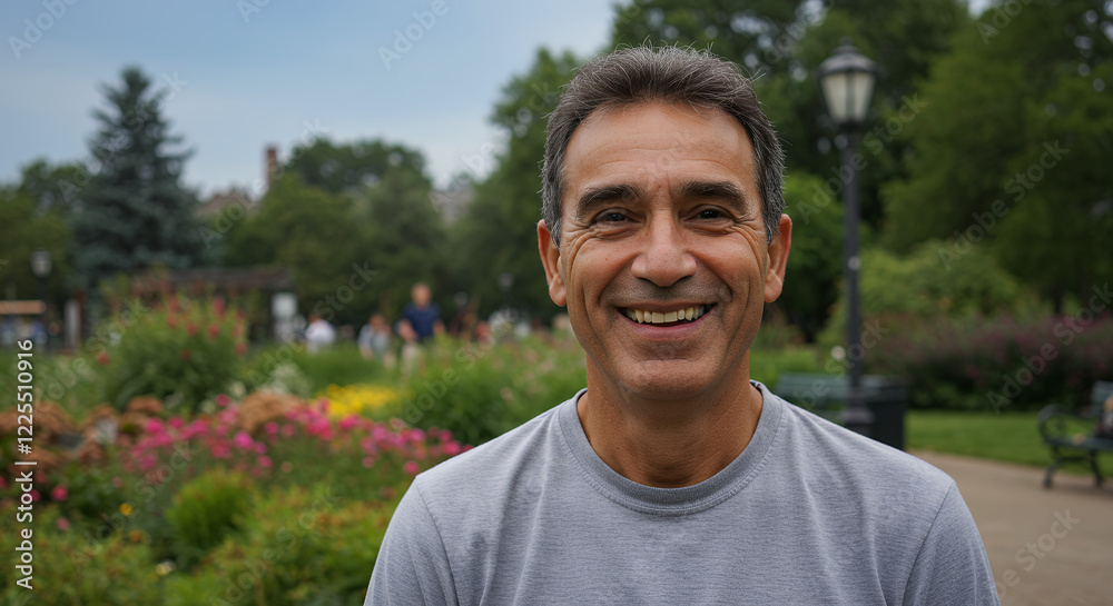 Happy Middle-Aged Man Smiling in a Park Happy Middle-Aged Man Smiling in a Park
