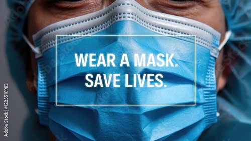 Close up of a person wearing a blue mask with a lifesaving message