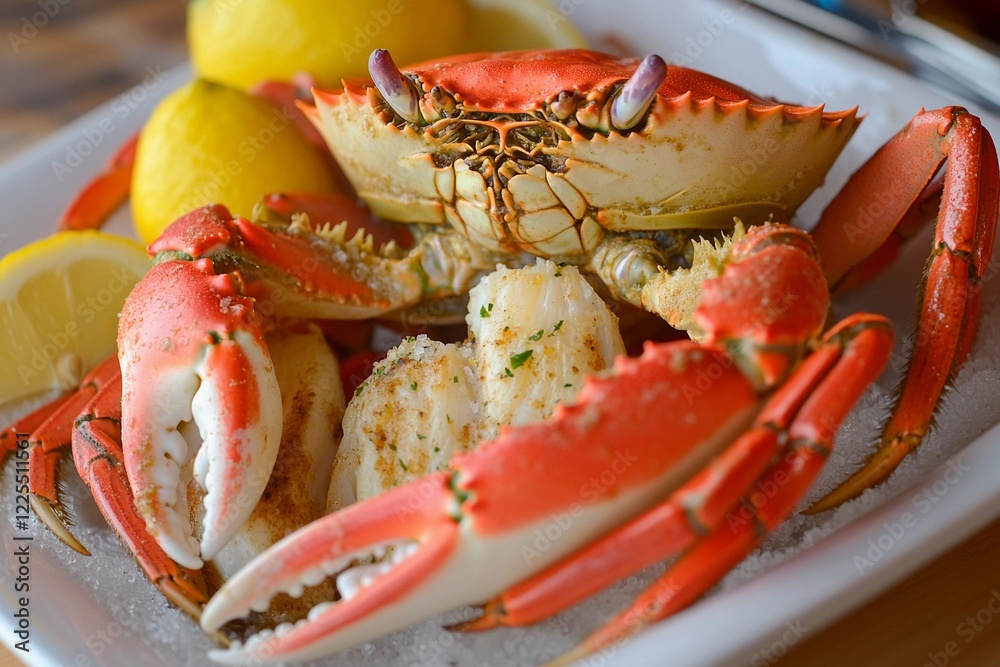 Freshly caught crab with lemon on a white plate ready for a flavorful seafood feast Freshly caught crab with lemon on a white plate ready for a flavorful seafood feast