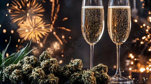 Marijuana buds next to two glasses of champagne with fireworks in the background, symbolizing Cannabis-themed New Year's Eve sales  -