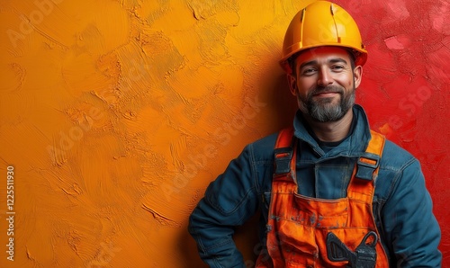 Worker in hard hat standing near wall.