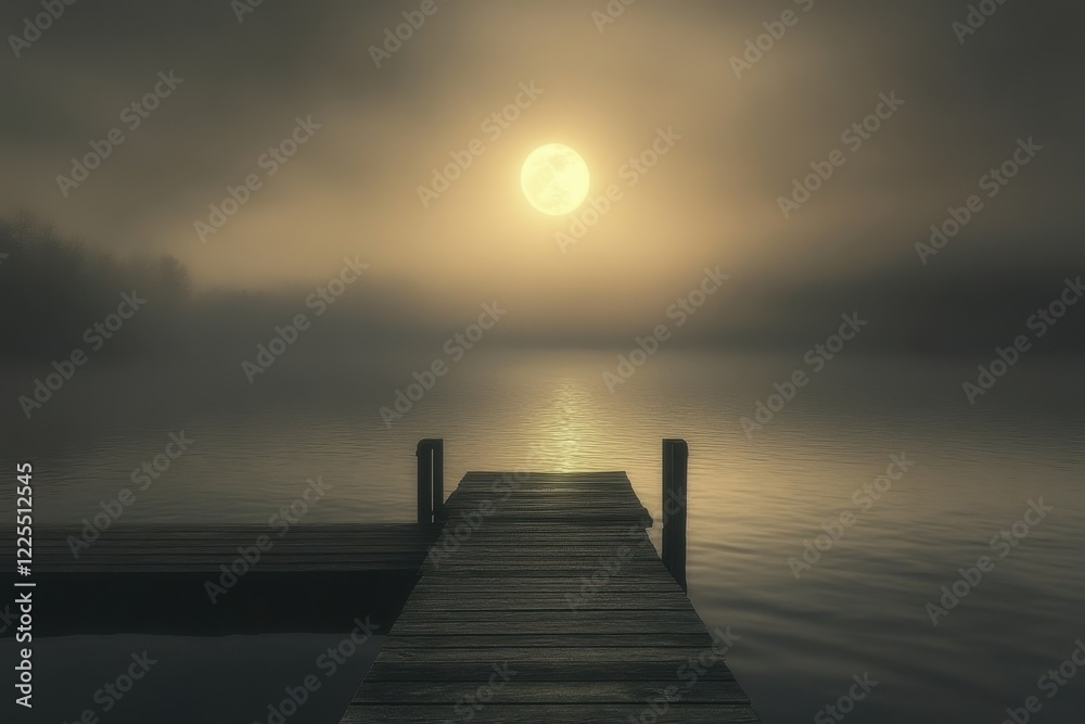 Misty evening on the lake with a wooden dock and full moon illuminating the water's surface Misty evening on the lake with a wooden dock and full moon illuminating the water's surface