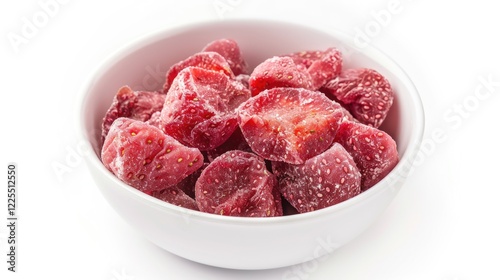 Dried strawberry candy in a white bowl on a white background. photo