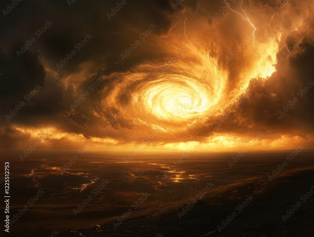 Naklejka premium supercell storm formation over plains, dramatic spiral clouds, lightning strikes, ominous atmosphere, golden hour lighting