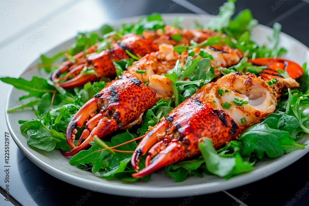 Freshly grilled lobster claws served on a bed of vibrant arugula Freshly grilled lobster claws served on a bed of vibrant arugula