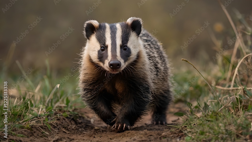 Young European Badger Walking in Grassland Young European Badger Walking in Grassland