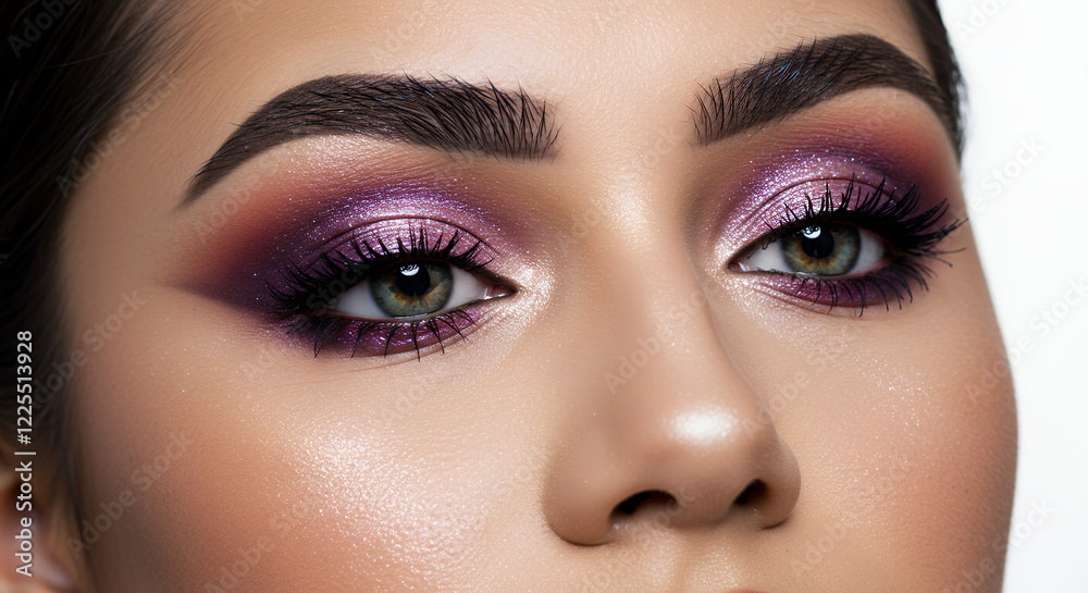 Obraz premium Close-up of Woman's Eye with Stunning Purple Glitter Eye Makeup