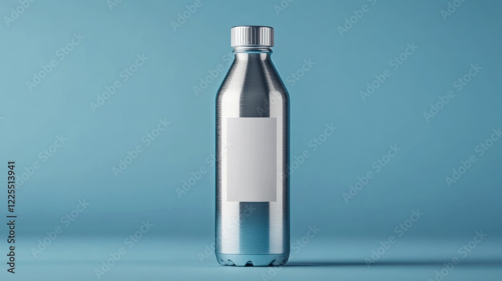 Fototapeta premium A silver bottle with a blank label stands against a blue background