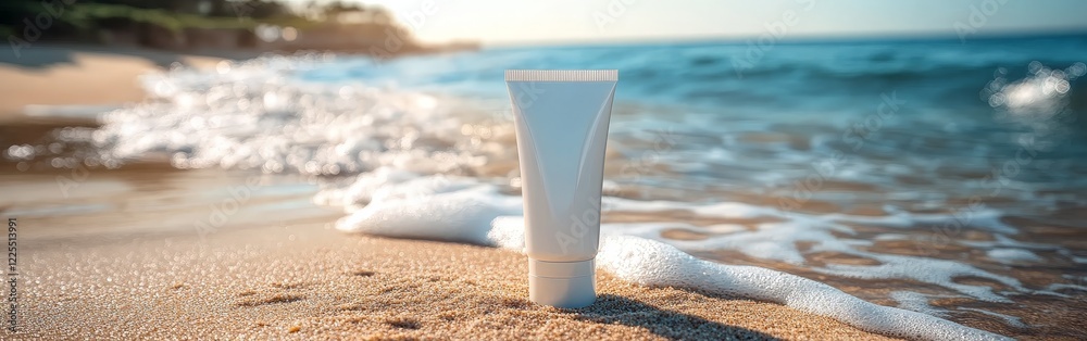A sunscreen tube on a pristine beach, highlighting summer care and outdoor relaxation themes. A sunscreen tube on a pristine beach, highlighting summer care and outdoor relaxation themes.
