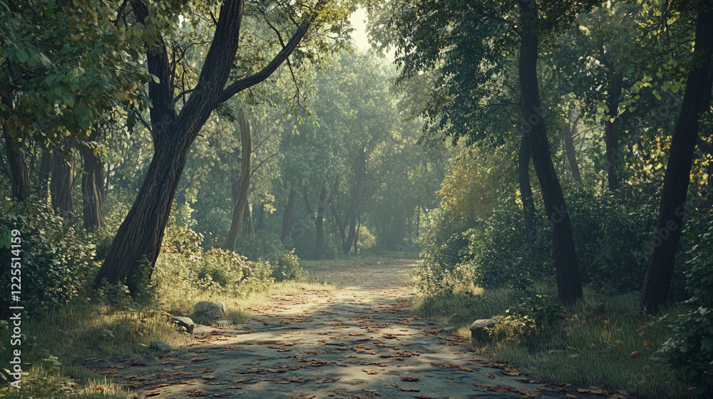 Naklejka premium Scenic Road Trip Through green Forest. ai generation 