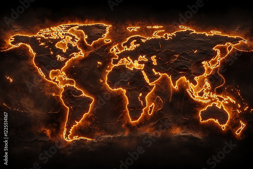 radiant world map glowing with fiery outlines, highlighting continents in dramatic and artistic style. map vibrant illumination creates striking visual effect against dark background photo