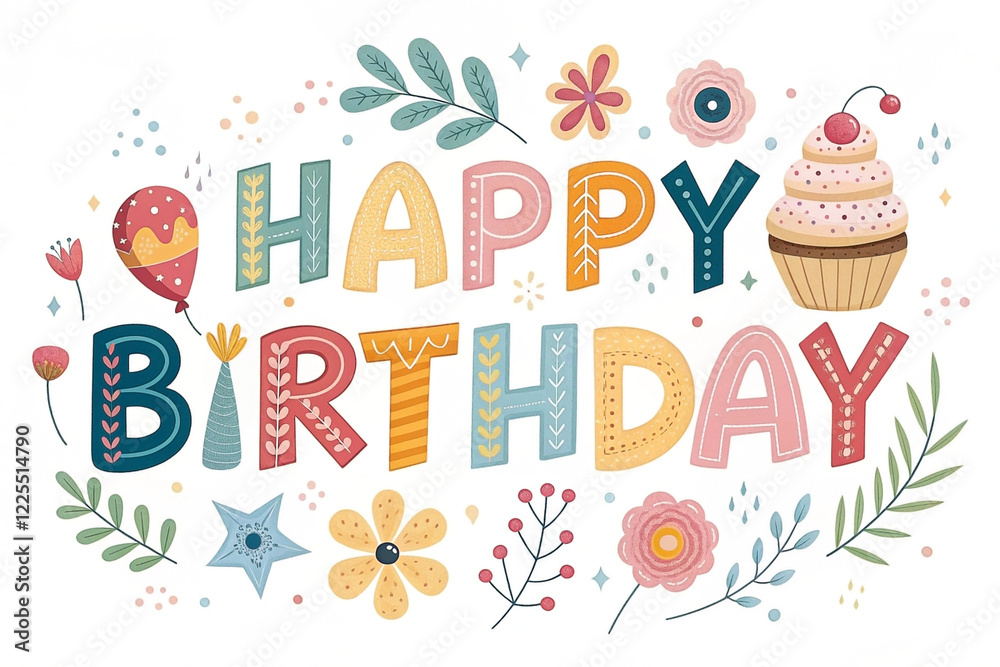 Fototapeta premium Colorful Happy Birthday card design with floral elements and cupcake, perfect for invitations