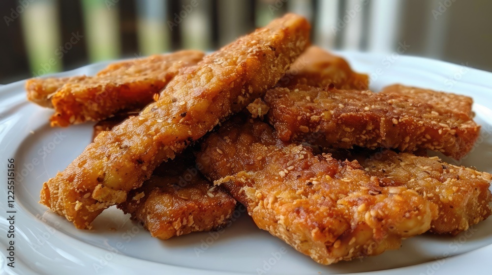 Fried tempeh served on a white plate in a well-lit studio setting