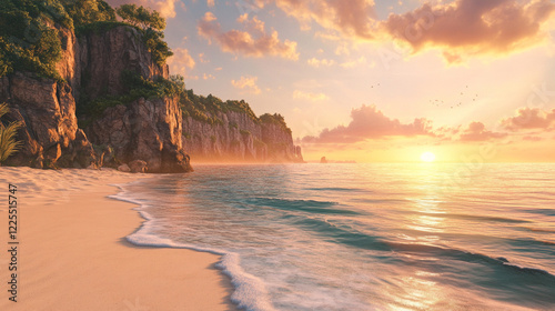 perfect sunset on the sea, on the seashore, mountains. ai generation