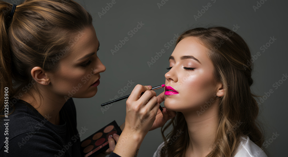 Makeup Artist Applying Lipstick to Model's Lips Makeup Artist Applying Lipstick to Model's Lips