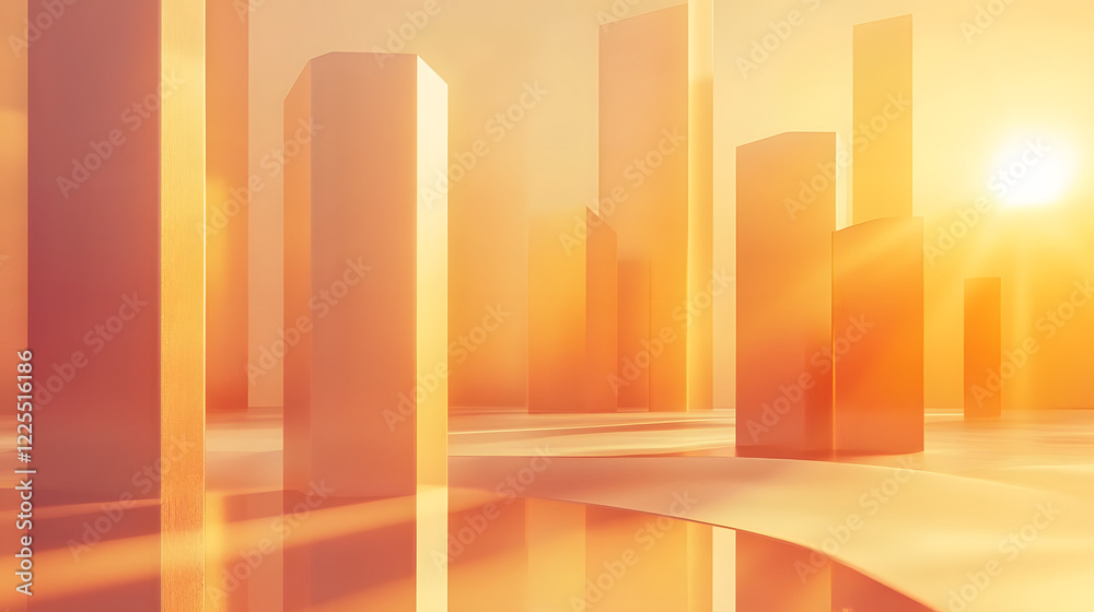 Abstract architectural background, vertical geometric shapes, sun reflection.