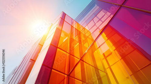 Abstract architectural background, vertical geometric shapes, sun reflection.