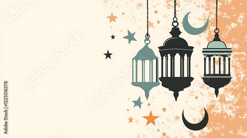Elegant Ramadan Lanterns Hanging with Stars and Moons